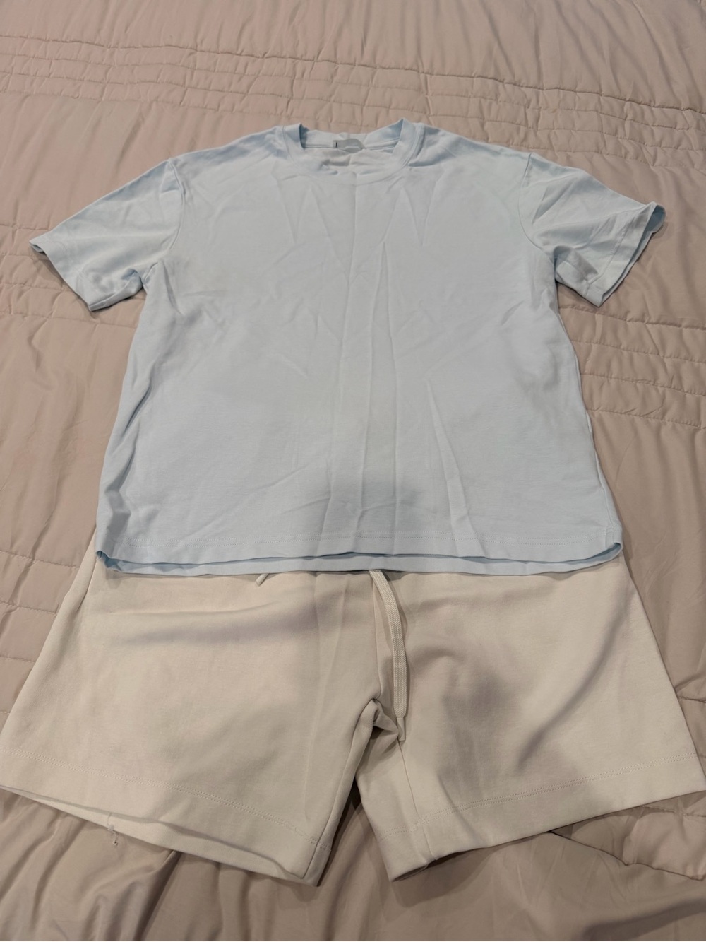 Zara Men's Drawstring Shorts in Cream with blue cotton short sleeve top set